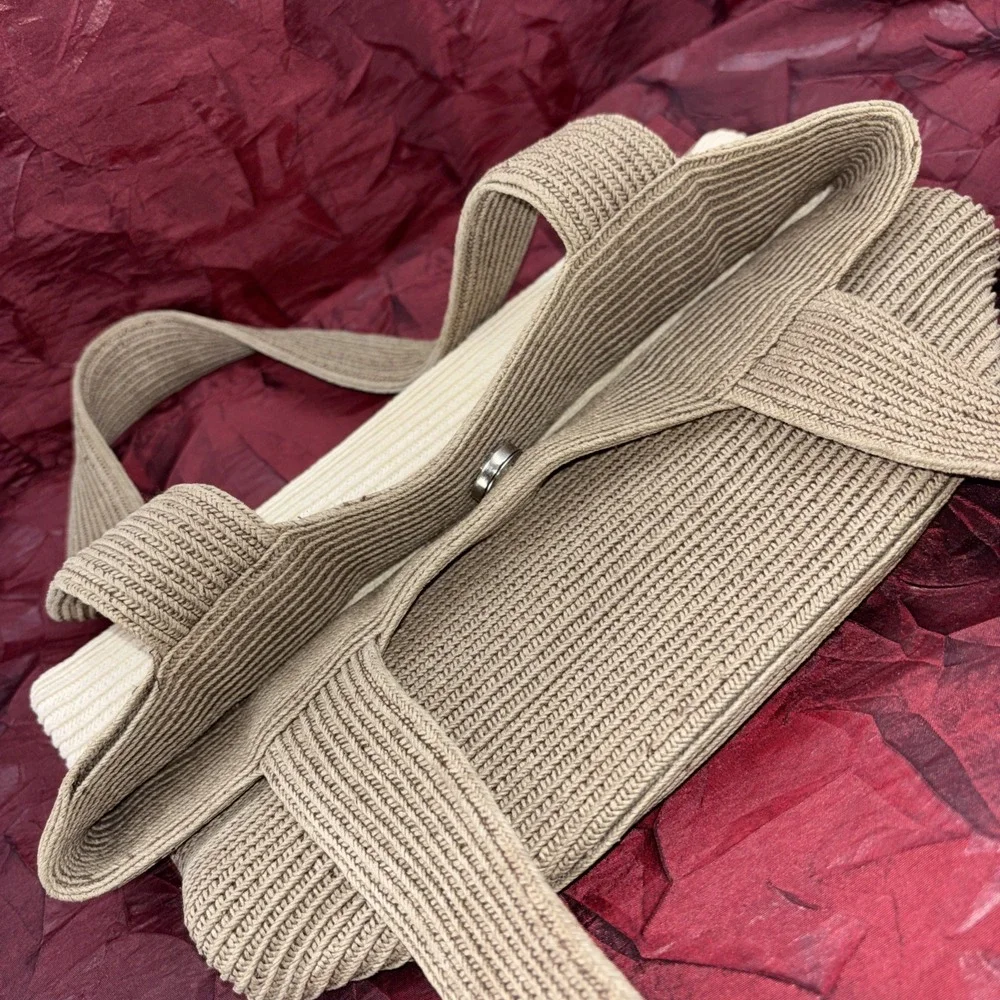 Ann Taylor LOFT Woven Crochet Hobo Bucket Bag Tote Neutral Stripe Shoulder Bag